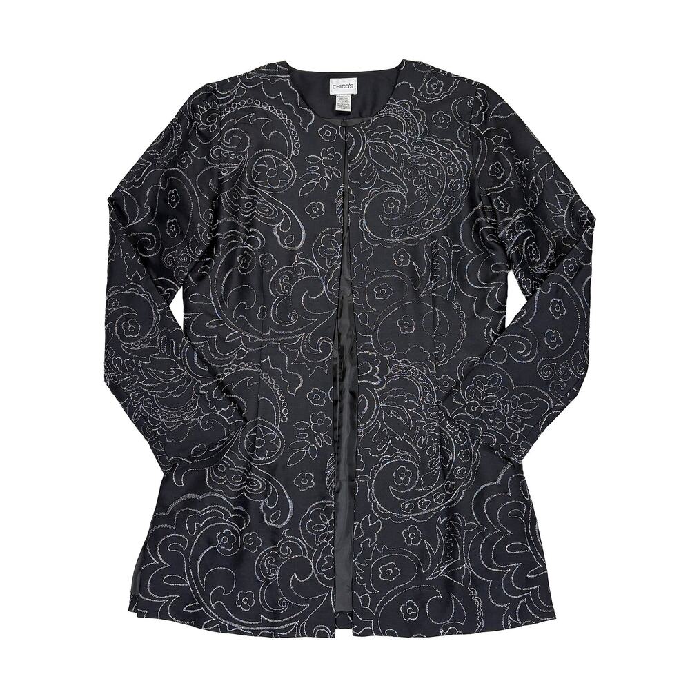 Chico's Silk Embroidered Evening Jacket Womens S Black Silver Metallic Holiday